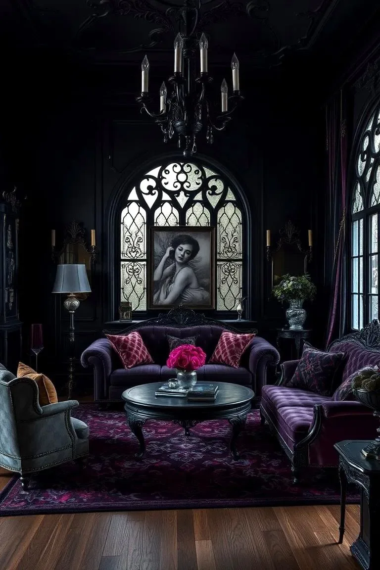 A dark interior styled with romantic gothic furnishings and deep colours