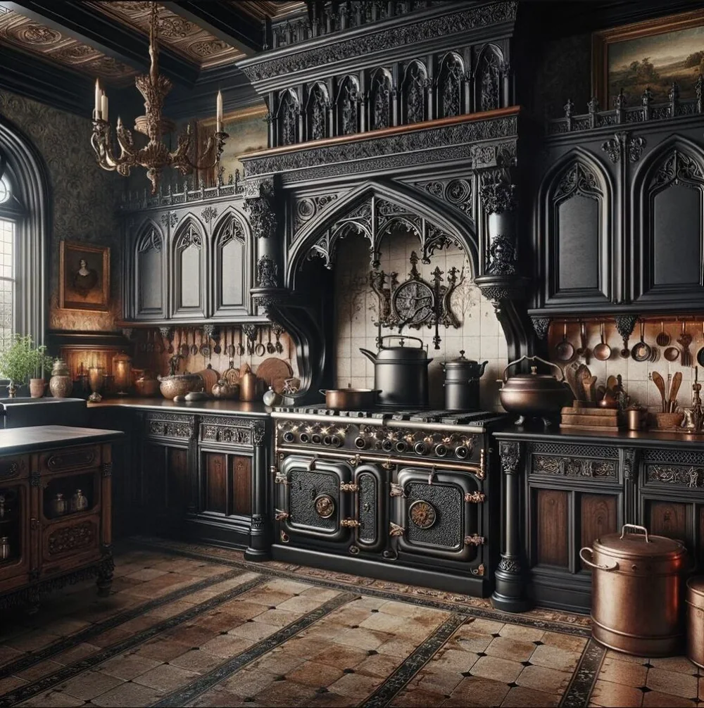 A Victorian-inspired gothic kitchen with ornate dark decorative details